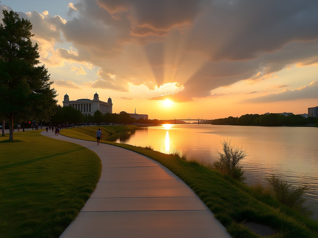 Evansville riverfront promenade at sunset with Ohio River and pedestrians