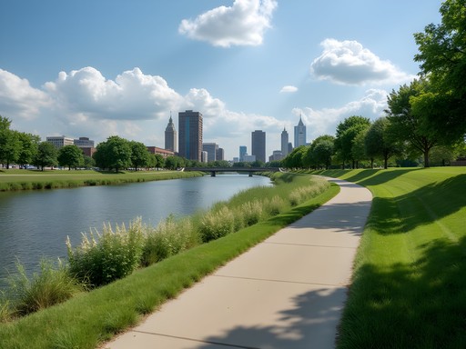 Cyclist on Pigeon Creek Greenway with river view and downtown Evansville skyline