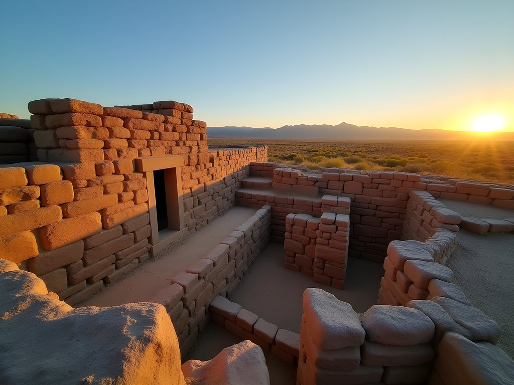 Ancient pueblo ruins at Chaco Culture National Historical Park at sunrise