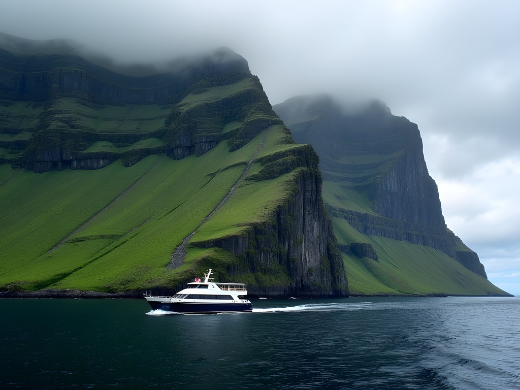 Ferry approaching dramatic Kalsoy island coastline in the Faroe Islands