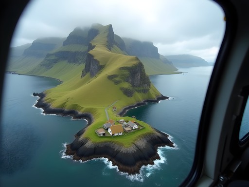 Helicopter view of remote Faroese village surrounded by mountains and ocean