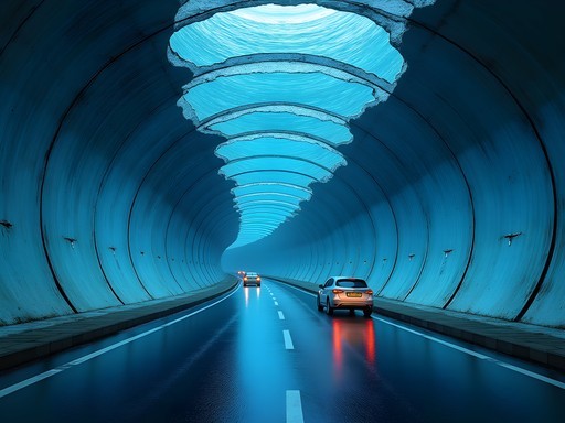 Underwater roundabout in Eysturoyartunnilin with artistic lighting