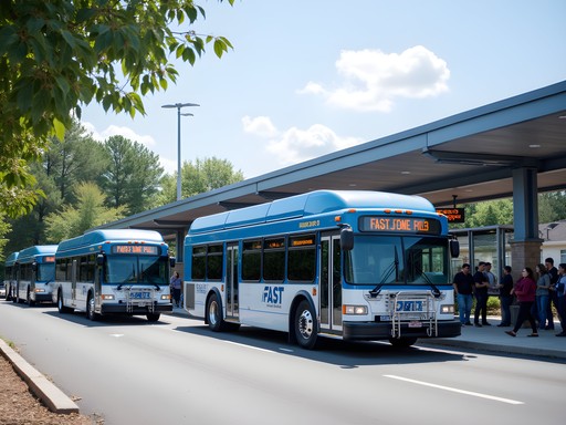 Fayetteville Transit Center with FAST buses and waiting passengers