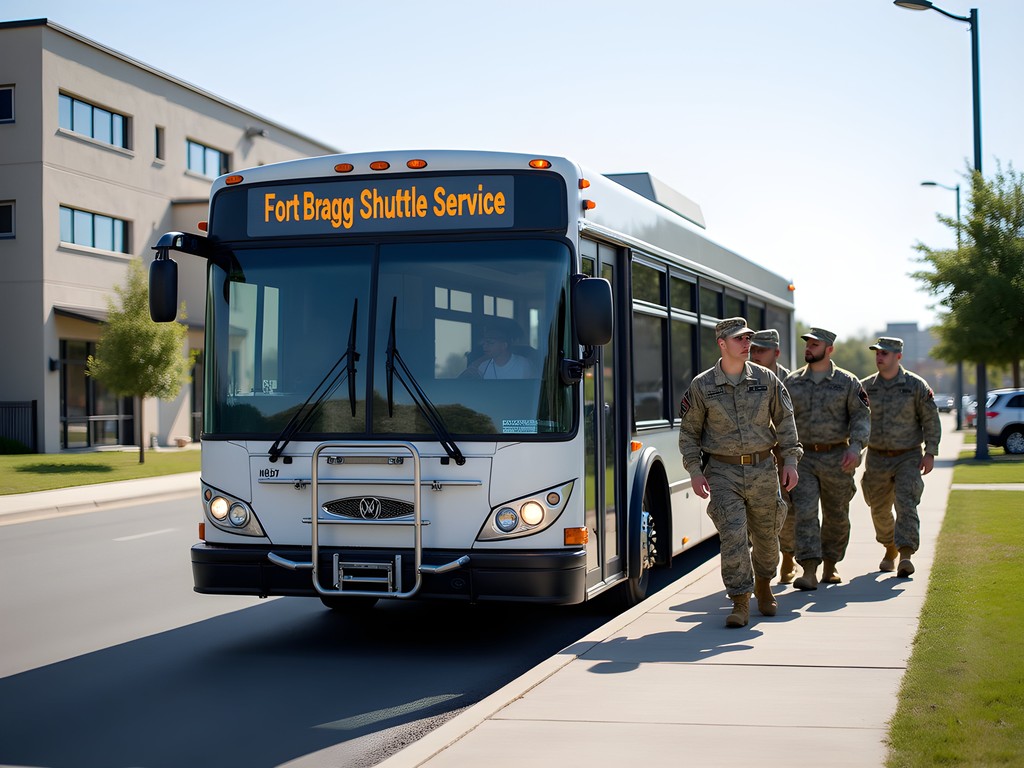 Fort Bragg shuttle bus at a designated stop with military personnel boarding