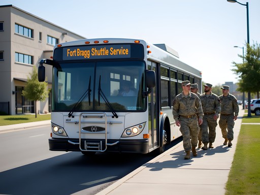 Fort Bragg shuttle bus at a designated stop with military personnel boarding