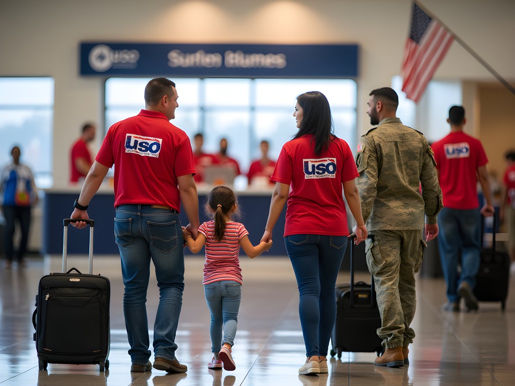 Military family with luggage being assisted by USO volunteers at Fayetteville airport