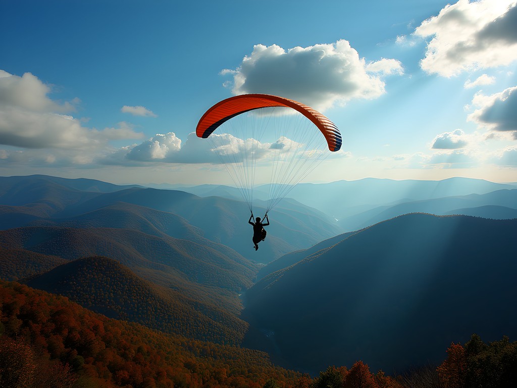 Paraglider soaring over Blue Ridge Mountains near Fayetteville, North Carolina