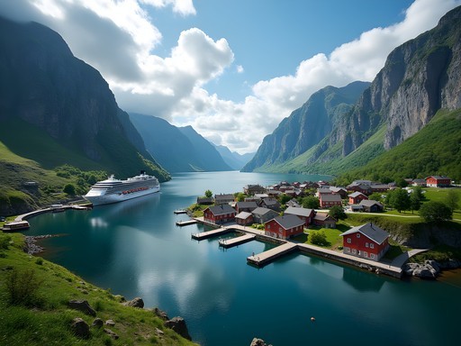 Panoramic view of Flam village nestled between mountains with cruise ships in the fjord
