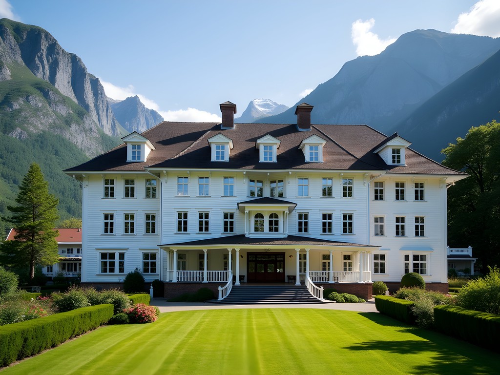 Historic white wooden Fretheim Hotel in Flam with mountain backdrop