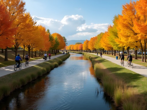 Cyclist on tree-lined bike path between breweries in Fort Collins