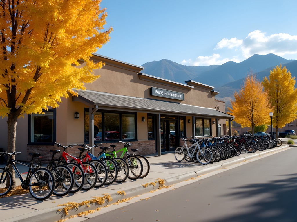 Bicycle rental shop in Fort Collins with mountain backdrop