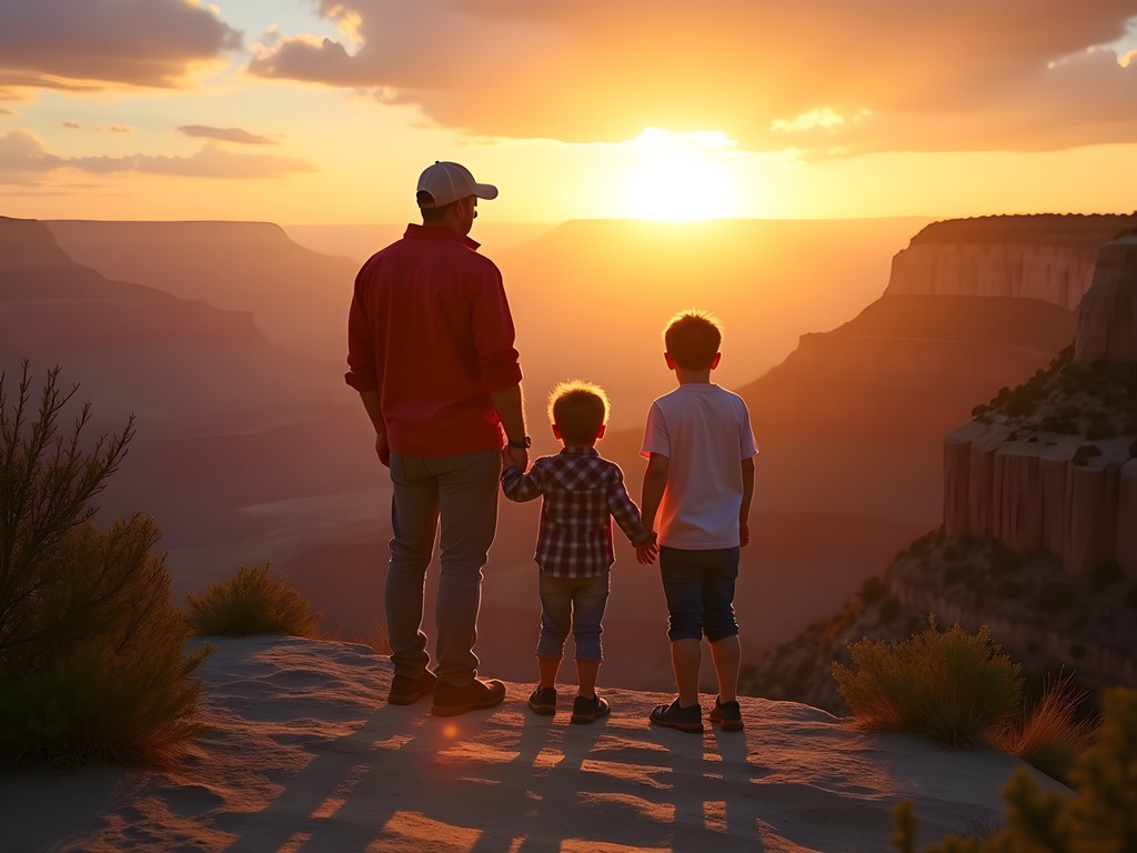Family watching sunrise over the Grand Canyon South Rim