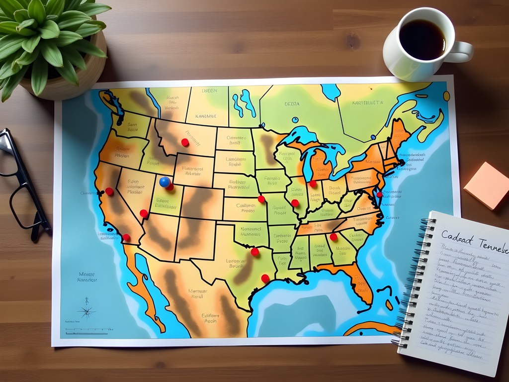 Physical map of Fresno to Nashville route with highlighted stops and attractions