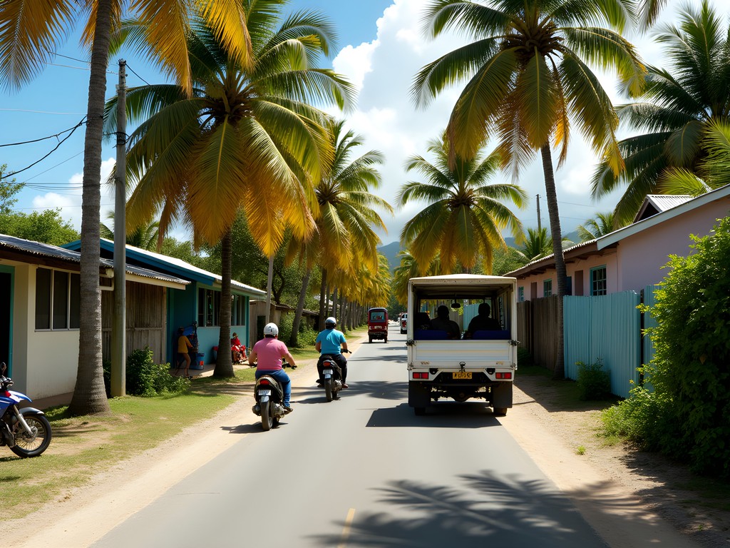Main road in Funafuti with motorbikes, pickup truck taxis and pedestrians