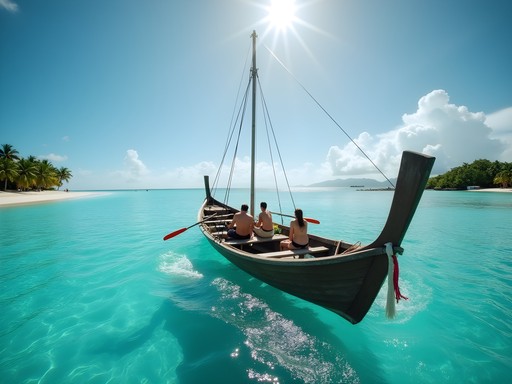 Traditional wooden boat transporting passengers between Funafuti islets