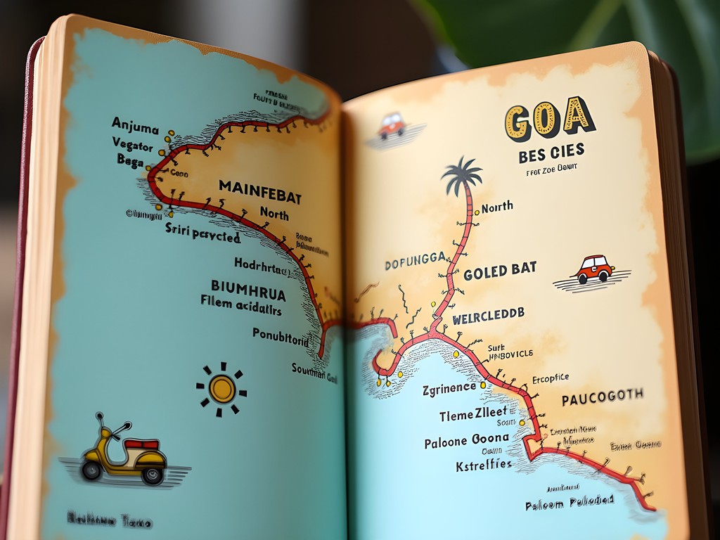 Hand-drawn map of Goa beaches with transportation routes marked