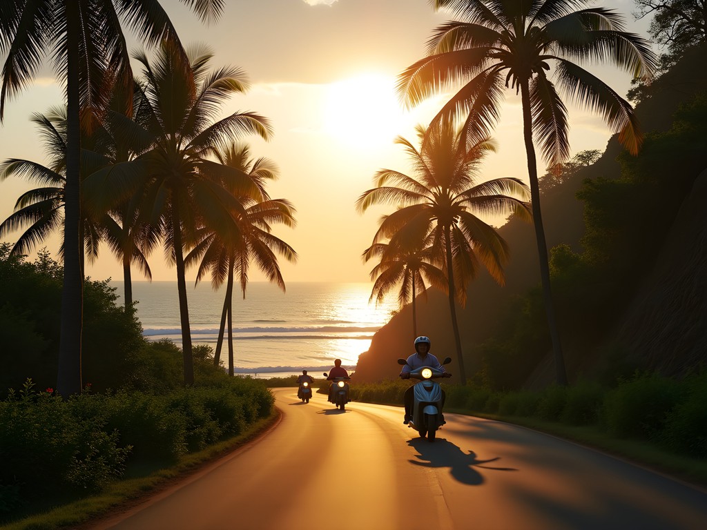 Scenic coastal road in Goa with palm trees and ocean views
