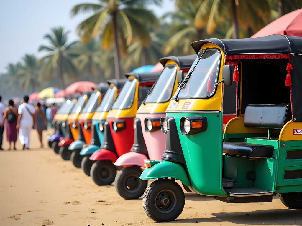 Colorful auto-rickshaws lined up at Baga Beach in Goa