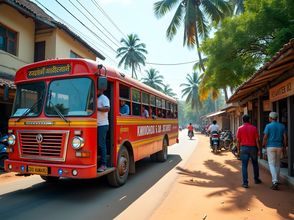 Colorful local public bus in Goa with passengers boarding