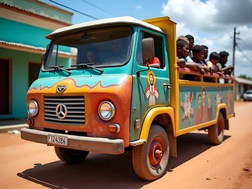 Colorful tap-tap public transportation vehicle in Gonaïves with passengers