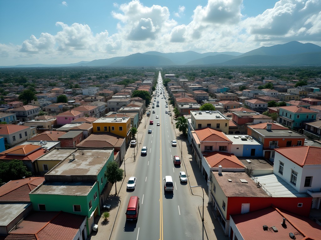 Aerial view of Gonaïves city center showing the street layout and Place d'Independence