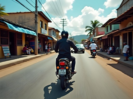 Moto-taxi navigating through Gonaïves business district with passenger
