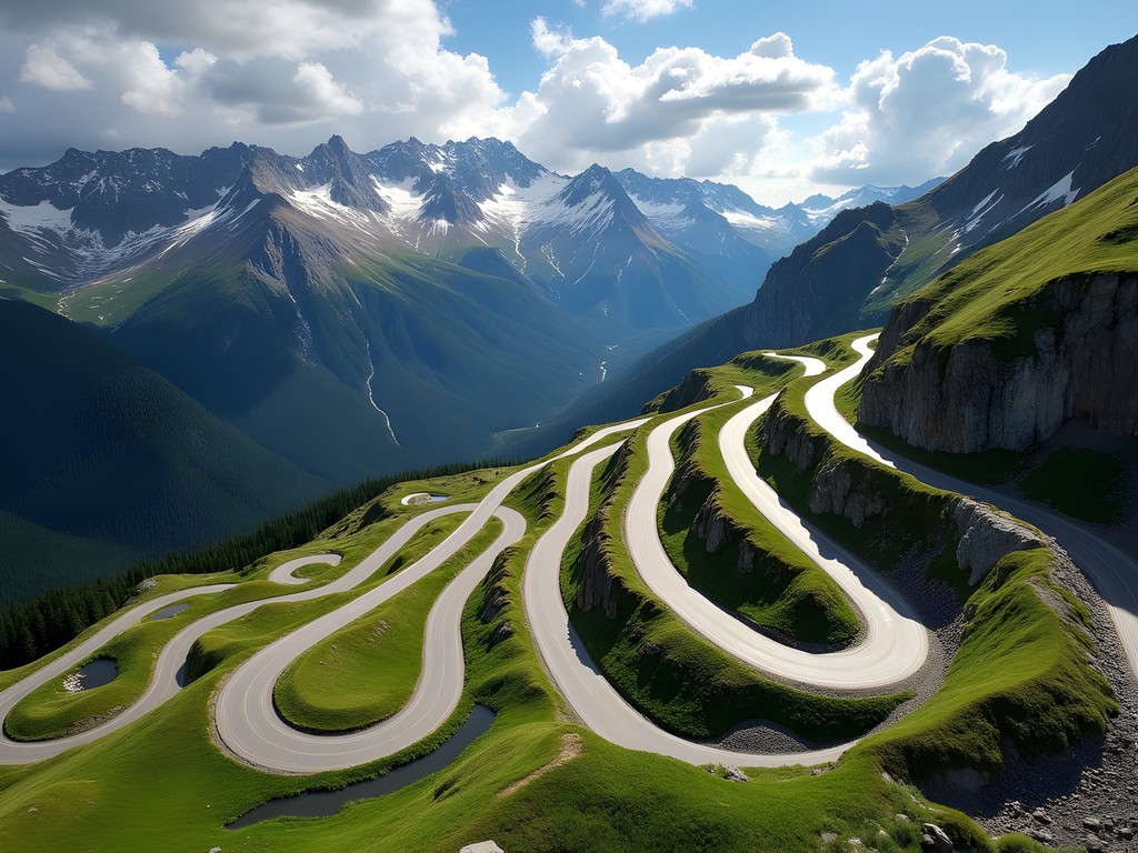 Aerial view of switchbacks on Beartooth Highway with snow-capped peaks and alpine lakes