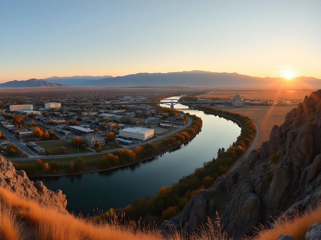 Panoramic view of Great Falls, Montana with Missouri River and mountains in background