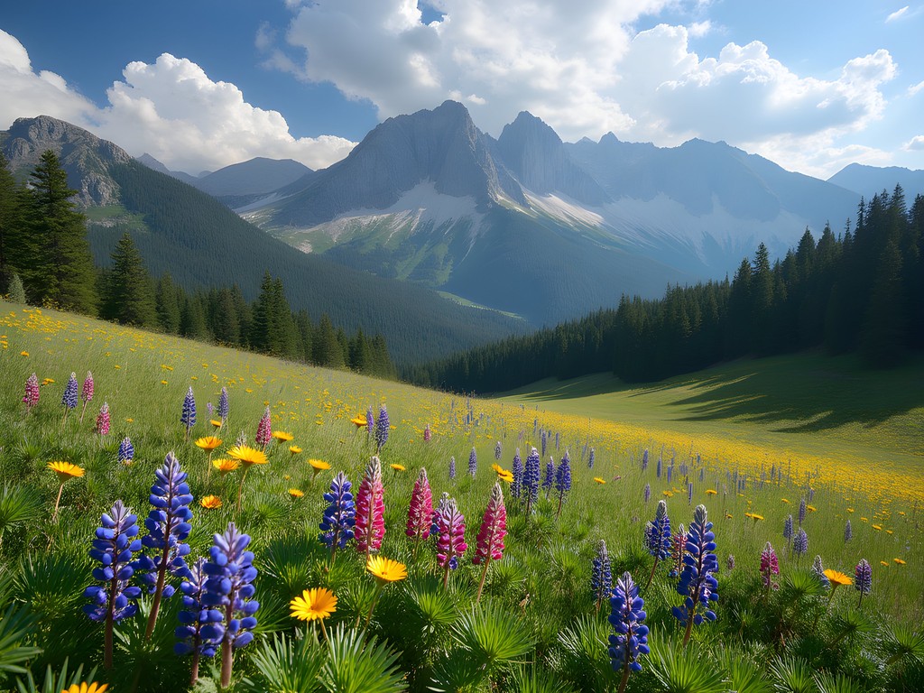 Meadow of colorful wildflowers with Little Belt Mountains in the background along Kings Hill Scenic Byway