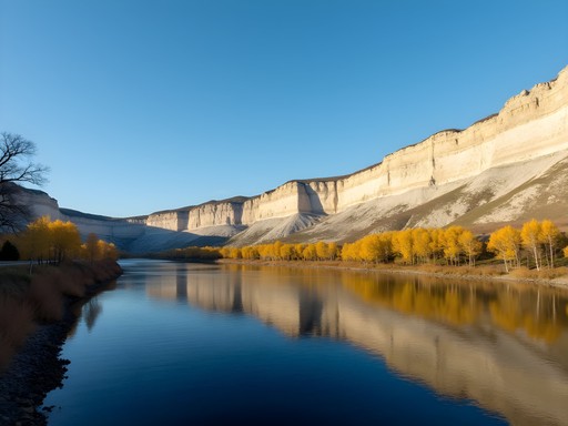 White sandstone cliffs rising above the Missouri River in the Upper Missouri River Breaks National Monument