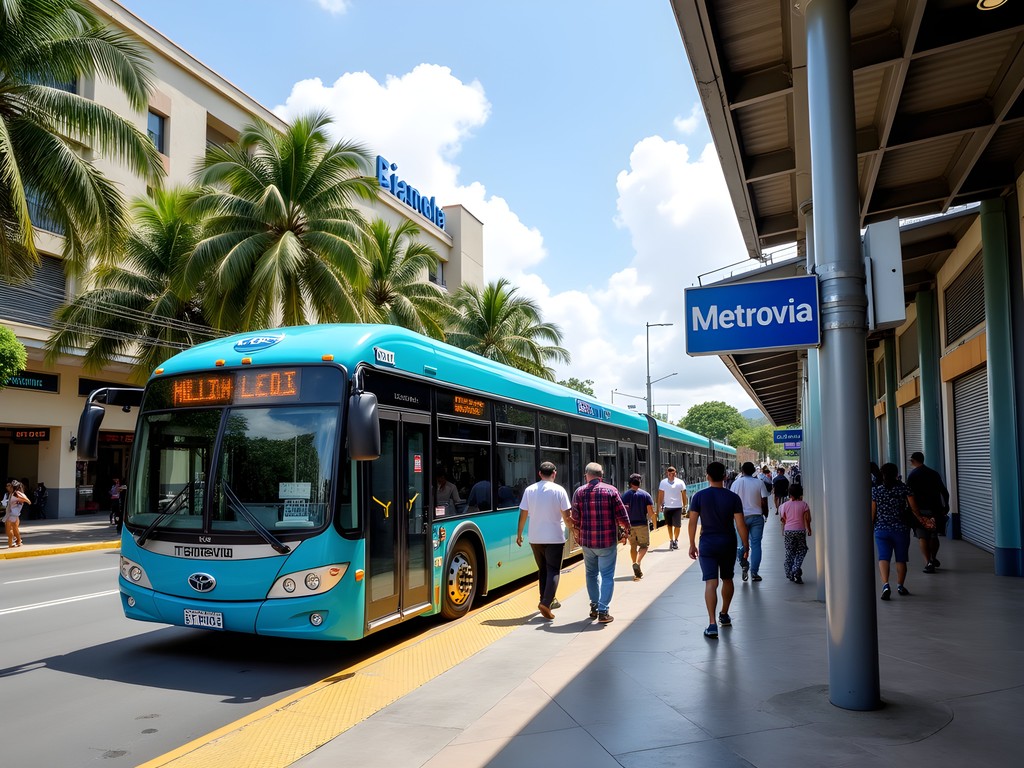 Guayaquil Metrovía station with passengers boarding blue bus