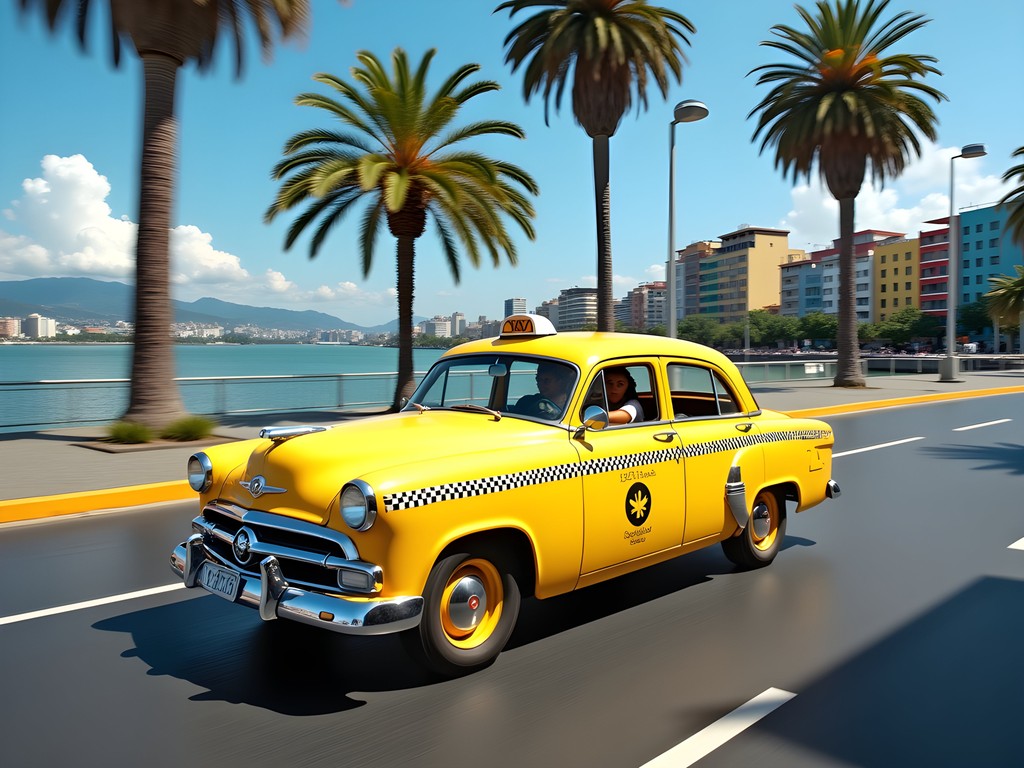 Yellow taxi driving along Guayaquil's Malecón 2000 waterfront