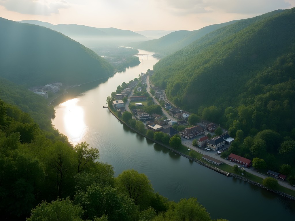 Aerial view of Harper's Ferry showing the strategic confluence of Potomac and Shenandoah rivers