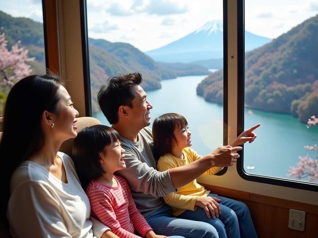 Family enjoying panoramic views from Hakone Ropeway gondola in spring