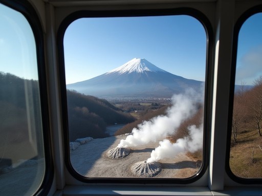 Hakone Ropeway gondola soaring over steaming Owakudani volcanic valley with Mount Fuji in background