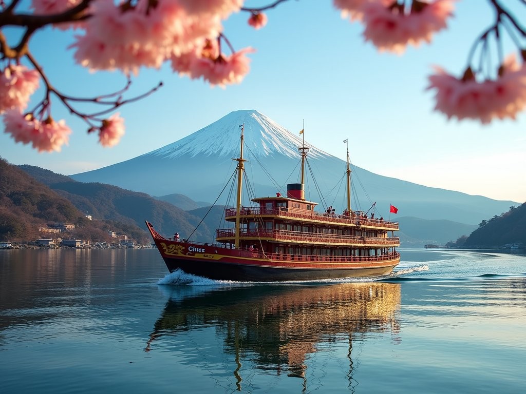Ornate Hakone Sightseeing Cruise ship crossing Lake Ashi with Mount Fuji visible in background