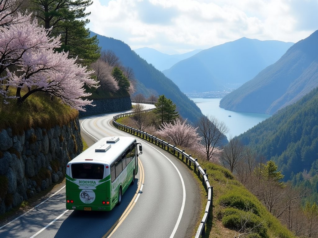 Hakone Tozan Bus navigating scenic mountain road with lake views in spring