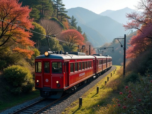 Hakone Tozan Railway red train navigating a switchback through spring foliage