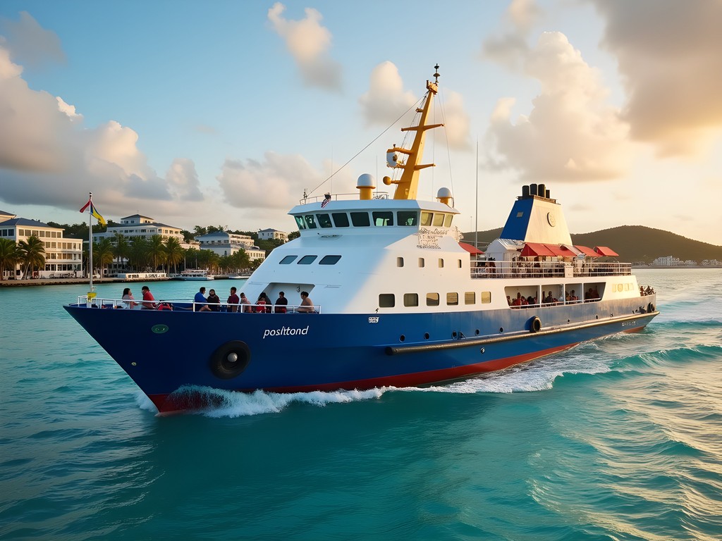 Blue and white ferry departing from Hamilton Harbor in Bermuda