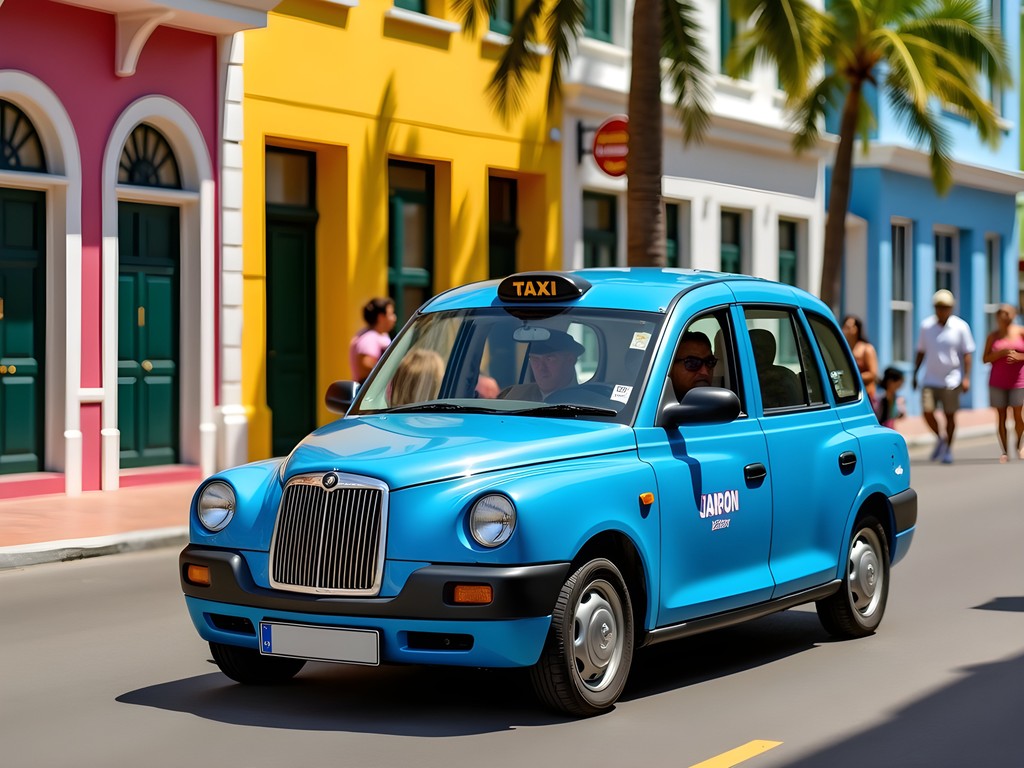 Blue Bermuda taxi waiting for passengers on Front Street in Hamilton