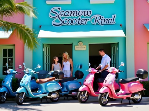 Family renting scooters at a rental shop in Hamilton, Bermuda