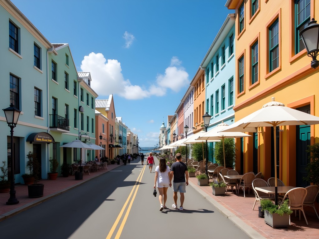 Pedestrians walking along colorful Front Street in Hamilton, Bermuda