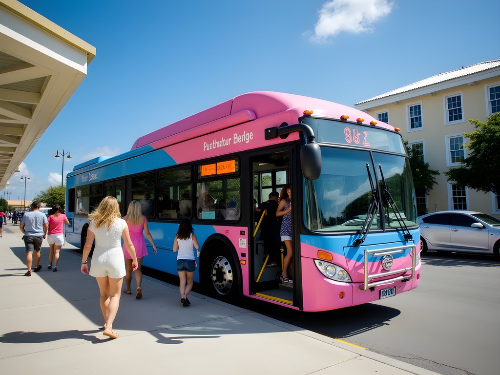 Pink and blue public bus at the Central Terminal in Hamilton, Bermuda