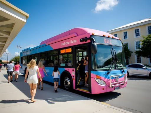 Pink and blue public bus at the Central Terminal in Hamilton, Bermuda