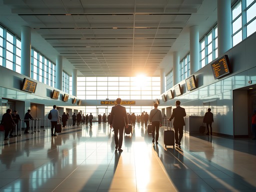 Athens International Airport arrival terminal with travelers and flight information boards