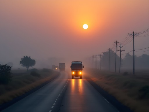 Early morning highway travel from Hampi showing Indian countryside at dawn