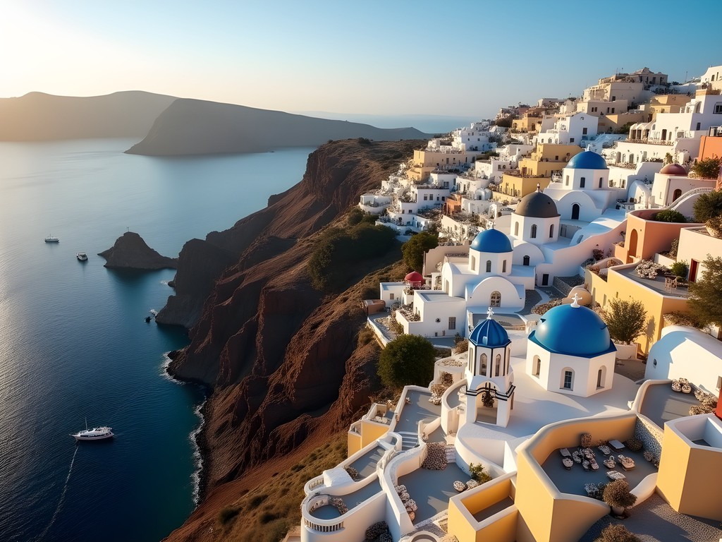 Aerial view of Santorini caldera showing white buildings cascading down volcanic cliffs