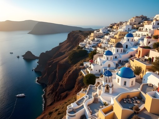 Aerial view of Santorini caldera showing white buildings cascading down volcanic cliffs