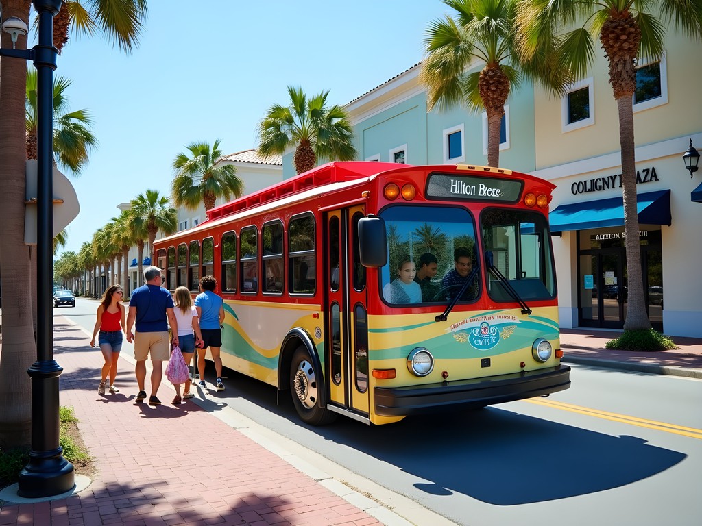 Hilton Head Breeze Trolley stopping at Coligny Plaza with passengers boarding
