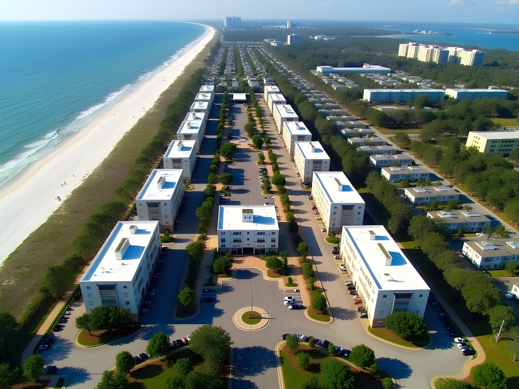 Aerial view of Coligny Plaza area showing beach access, shops, and nearby accommodations